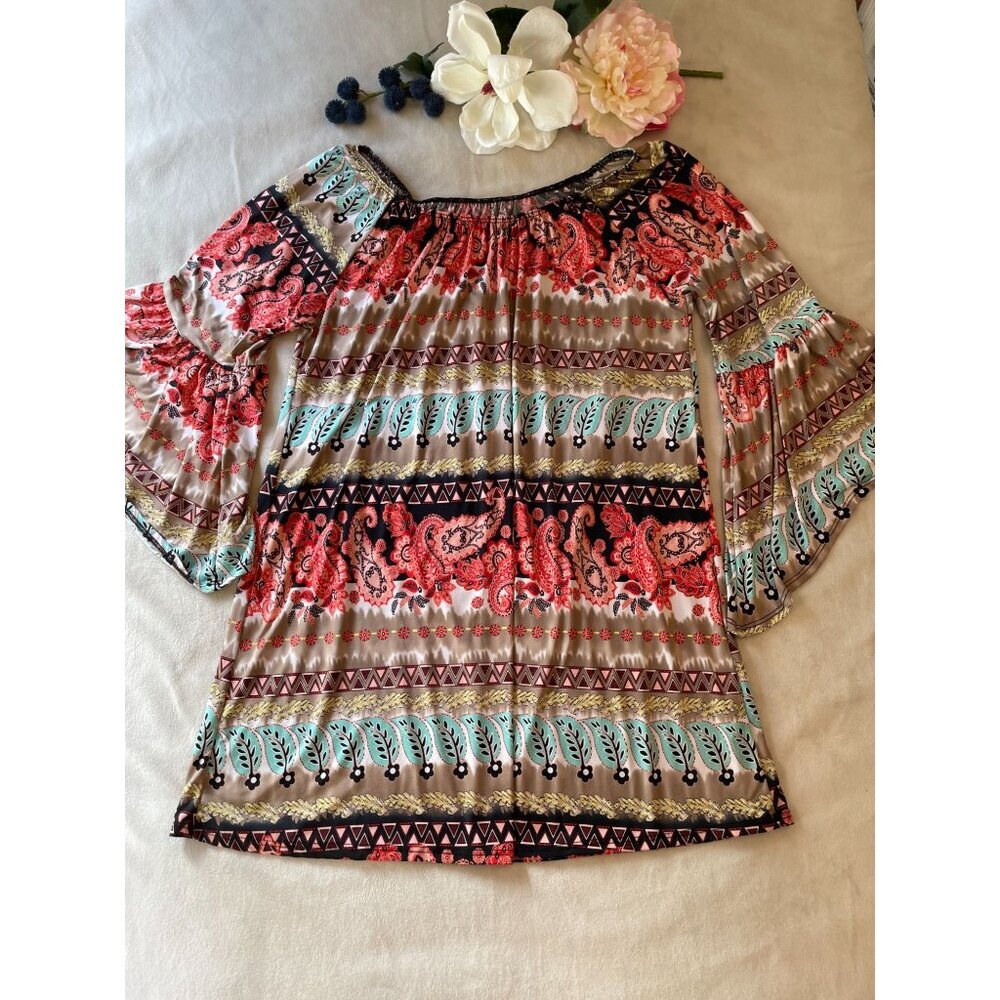 Boho Off Shoulder Bell Sleeve Tunic Top or Dress M Cottagecore Hippie Y2K Style